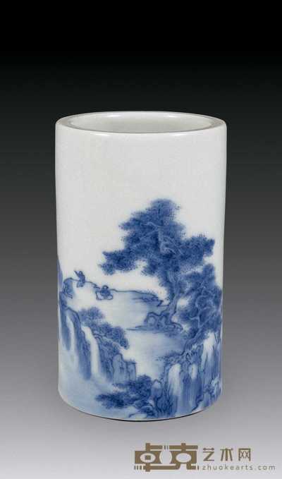清 青花山水人物纹笔筒 高11cm